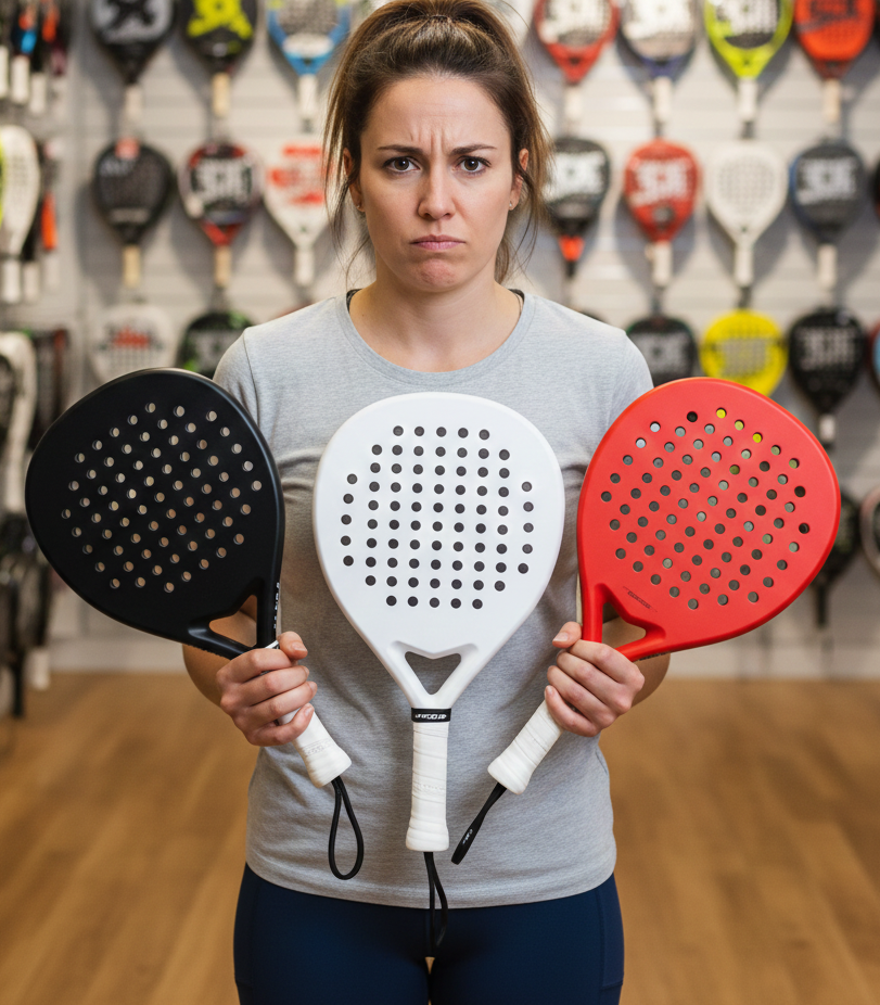 frau vor richtige wahl padel schlaeger